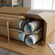 Rolled map displayers in open shipping tube, showing secure packaging and foam inserts for protection.