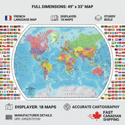Reliable info graphic for French world map displayer, showcasing features, build, and fast Canadian shipping.