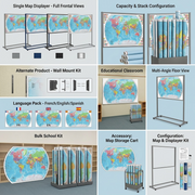 An eight-panel eCommerce variant grid for the Replogle World Map Displayer, showcasing various configurations, maps, and base options.