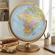 A close-up photograph of the 12-inch Replogle Pioneer Globe in French on a wood desk with natural light.