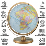 Infographic matrix for the Replogle Pioneer Globe features factual cues with icons about its build, material, features, French language, and fast Canadian shipping.