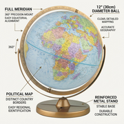 Replogle Pioneer Globe feature callout graphic detailing its full meridian, mapping, and durable base.