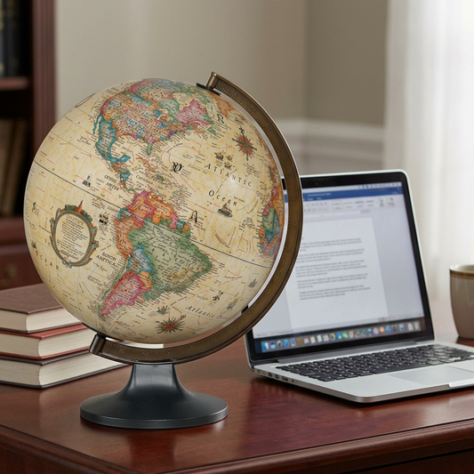 A 12" diameter Replogle Copenhagen antique-style globe on a desk next to an open laptop and a smartphone.