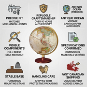 An informative trust infographic for the Replogle Piedmont 12" Antique Ocean Globe, detailing build quality, cartography, specifications, and fast Canadian shipping.