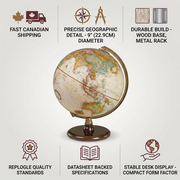 A trust infographic for the Replogle Quincy Globe, highlighting material, fast Canadian shipping, and authentic design.