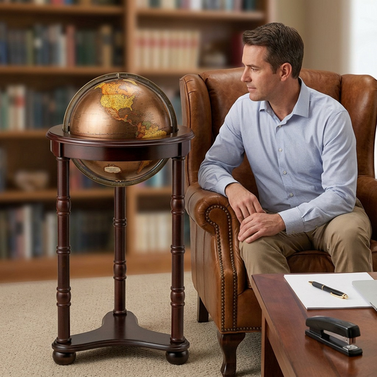A photo of the Replogle Lancaster Floor Globe in a home library, positioned next to a leather chair and a seated adult for scale.