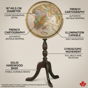 A visual matrix infographic for the Replogle Cambridge globe, illustrating key operational features like illumination capability, multi-directional rotation, 16" size, French cartography, and solid hardwood construction with benefit callouts.
