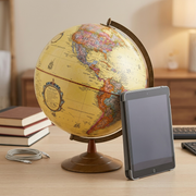 A photo of the 12-inch Globemaster antique world globe on a wooden desk next to a standard tablet, showing its relative size.