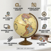 Infographic for Replogle Globemaster globe with key specifications, manufacturer history, and shipping info.