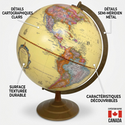 An ecommerce infographic on a light background, showcasing the Replogle Globemaster 12" French language globe with feature annotations and a Canadian flag icon. The globe has a vintage appearance with antique accents.