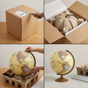 Close-up of the Globemaster desk globe arriving safely, nestled inside custom-molded pulp and protective foam, ready for unboxing.