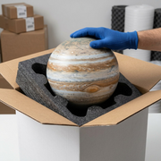 A Jupiter planet globe nestled in tight fitting foam inserts is pulled from a shipping box, unboxed.