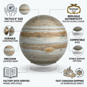 Infographic for Replogle Jupiter globe detailing the 6" diameter, Canadian shipping, and authentic design.