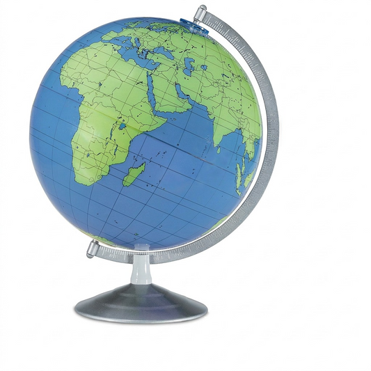 Hero shot of the Replogle Geographer dry-erase globe without the marker, showing its blue and green map and silver-grey stand on a pure white background.