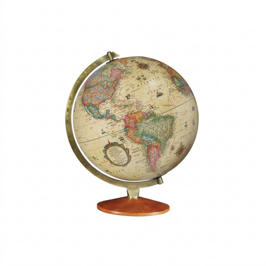 Replogle Globes Odessa 12" Antique Ocean Desk Globe, illuminated, with brass finish cradle on wooden base.