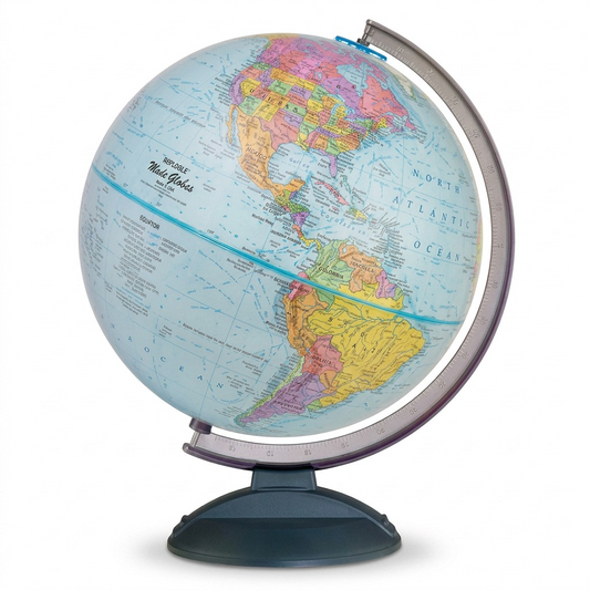 High-resolution hero shot of the 12-inch Replogle Traveler Blue Ocean desk globe, displaying precise political cartography.