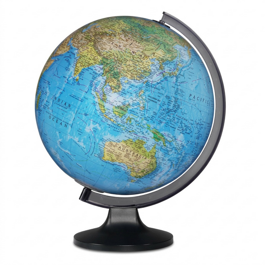 A high-resolution, centered image of the blue ocean Replogle Globes Copenhagen illuminated desk globe on a black base against a pure white background.