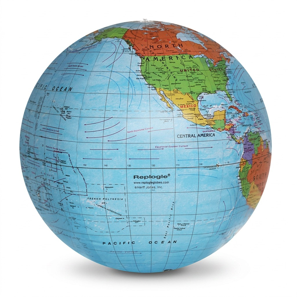 Pure white background studio shot of the Replogle Globes Inflatable Blue Ocean Globe, 16"/40.5Cm Diameter, centered and fully inflated. Retains all original political markings and manufacturer logos.