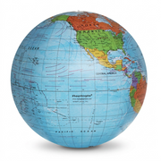 Pure white background studio shot of the Replogle Globes Inflatable Blue Ocean Globe, 16"/40.5Cm Diameter, centered and fully inflated. Retains all original political markings and manufacturer logos.