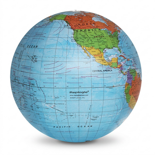 Pure white background studio shot of the Replogle Globes Inflatable Blue Ocean Globe, 16"/40.5Cm Diameter, centered and fully inflated. Retains all original political markings and manufacturer logos.