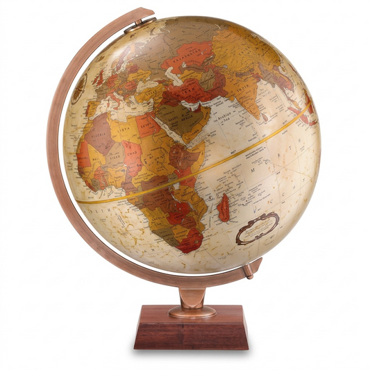 High-resolution centered photo of the Replogle Northwoods bronze metallic ocean desk globe on a wooden base.