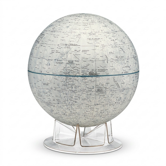 Pure hero shot of the canonical Replogle Globes 12" Moon Desk Globe on its clear multi-faceted acrylic stand, centered against a seamless pure white background, with a clean contact shadow. The detailed lunar surface and markings are sharp and clearly visible, matching image_0.png.