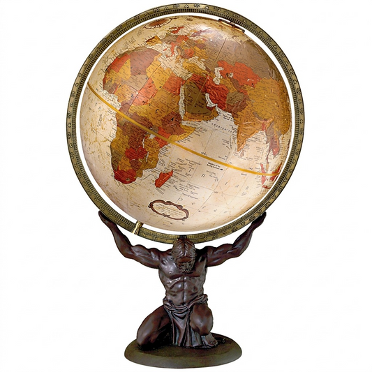 A detailed bronze Atlas figurine holds up a 12-inch metallic ocean globe in this premium hero shot.