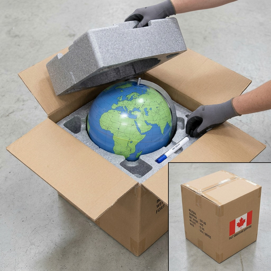 Replogle Geographer map globe at various stages of removal from its protective shipping box and form-fitting packing foam.