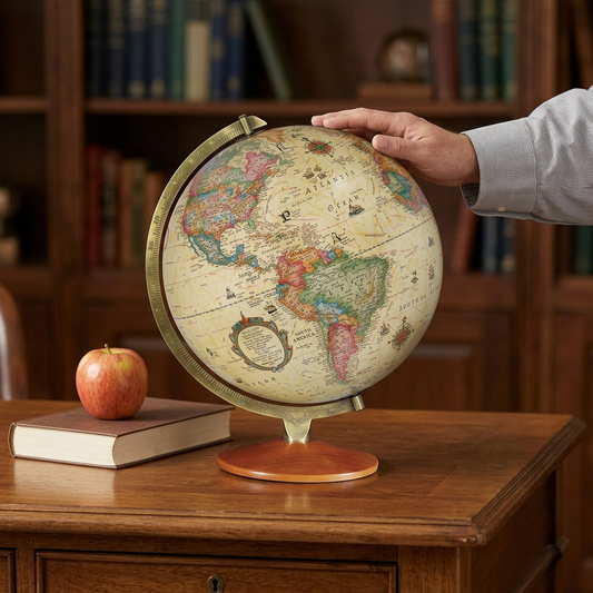 A photograph of the 12-inch Replogle Odessa globe on a desk next to a book and coffee mug.