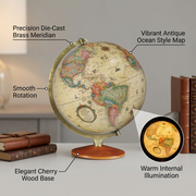 Product shot of the Replogle Odessa illuminated desk globe with callouts highlighting operational features.