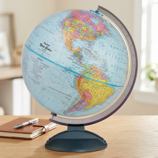 A close-up photograph anchors the Replogle blue ocean globe on an oak desk next to a modern pen, establishing scale.