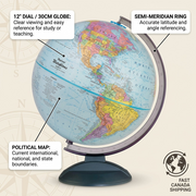 A infographic for the Replogle Traveler Globe showing its political map, 12" diameter, and semi-meridian.