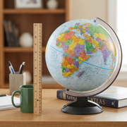 Scale reference photo: The 12" blue ocean globe from image_0.png stands next to a standard 12" plastic ruler and a large mug, on a desk.