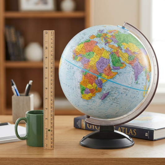 Scale reference photo: The 12" blue ocean globe from image_0.png stands next to a standard 12" plastic ruler and a large mug, on a desk.