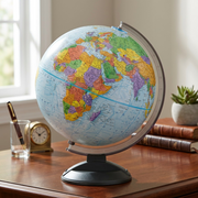 A photo of the Replogle Globes Globemaster-12" Blue Ocean Desk Globe placed on an antique wood desk.
