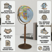 An infographic highlighting the quality, craftsmanship, and shipping speed for the Replogle Treasury globe.