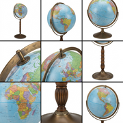 A premium 3x3 grid display showcasing the canonical floor globe from three distinct high-resolution angles: a direct frontal view, a rotated 45-degree angle, and an interior full-meridian close-up view.