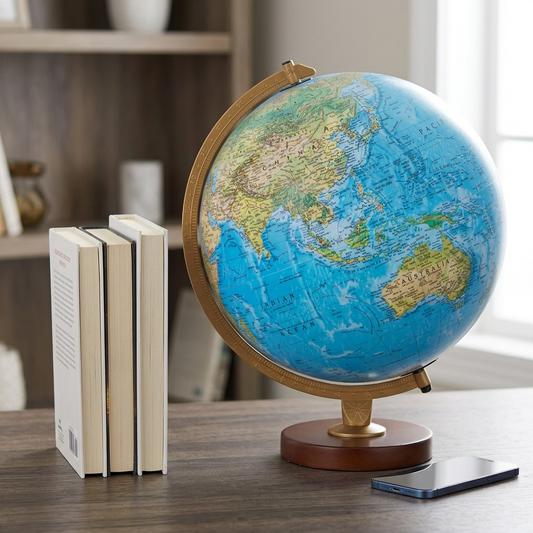 Scale reference showing the Replogle 12-inch desk globe next to standard reading books and a smartphone.