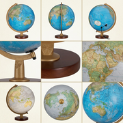 A matrix of nine images of the Replogle Livingston globe from various angles and with different features, such as illuminated and non-illuminated versions, as well as close-ups of the details, on a clean, light beige background.