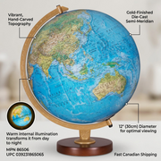 Replogle Livingston Illuminated Desk Globe feature graphic highlighting key benefits with clean labels.