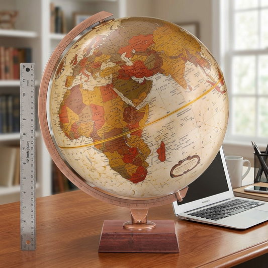 Replogle Northwoods 12-inch desk globe on a wooden desk next to a MacBook Air for size context.