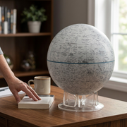An image comparing a Replogle Moon Globe on its stand to a hand, book, and mug for scale reference.