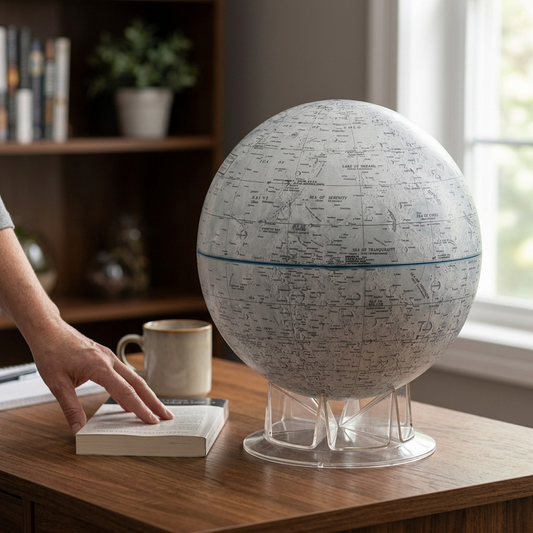 An image comparing a Replogle Moon Globe on its stand to a hand, book, and mug for scale reference.