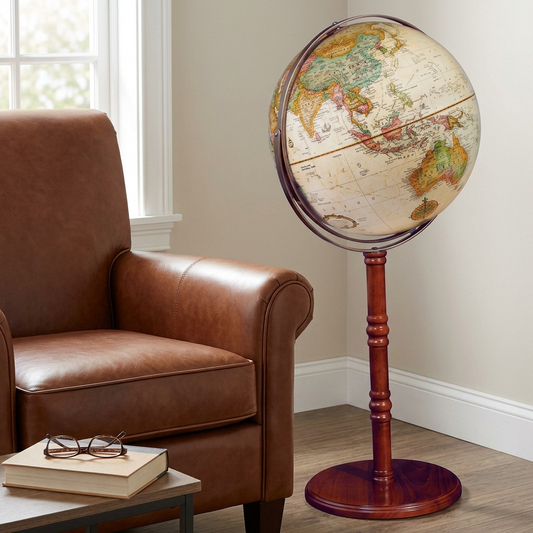 Replogle Commander II 16-inch globe next to standard arm chair for scale reference.