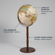 Replogle Commander II floor globe featured with callout labels highlighting key features: sturdy wood stand, smooth rotation, and large 16-inch diameter.