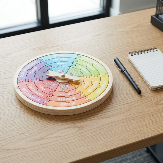 A scale reference shot, placing the My Emotion Wheel puzzle beside a standard pen for size.
