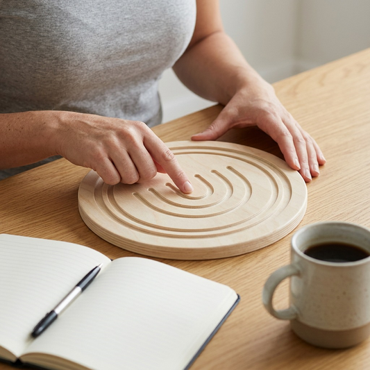 A person sits at a desk, with the large wooden Calming Breathing Boards resting next to a coffee mug. Their right hand is near the board, tracing a breathing pattern, naturally showing the product's true scale relative to everyday items. Direct neutral light, clear texture.