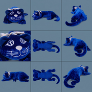 A grid showing six views of the identical blue velvet manimo weighted cat plush.