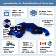 An informative product matrix for the manimo Weighted Cat, featuring accurate product details and icons.