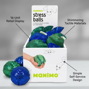 A PDP visual matrix graphic showcasing key operational features of the fdmt Mannimo Stress Balls Display.